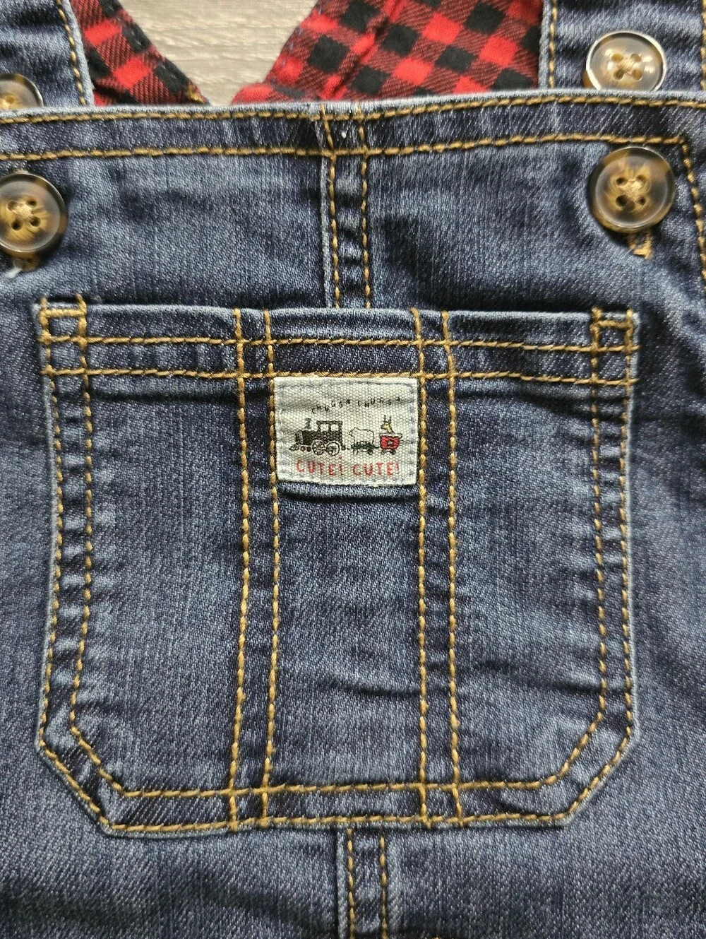 Carters Toddler Blue Denim Overalls W Red Buffalo Plaid Detail - Size 24m